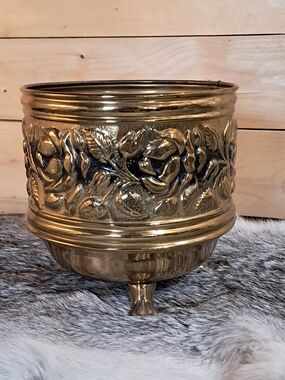 Vintage Embossed Claw Footed  Brass Planter with Floral Motif